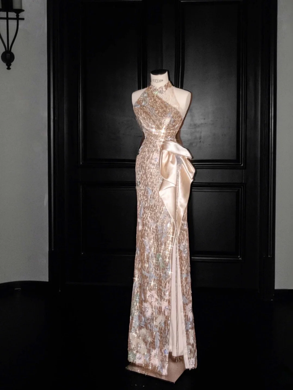 Champagne pink sequined sleeveless waist slim hip long skirt, prom dress R5638