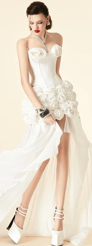 White strapless satin waist slim fit three-dimensional flower skirt design short skirt homecoming dress R4489