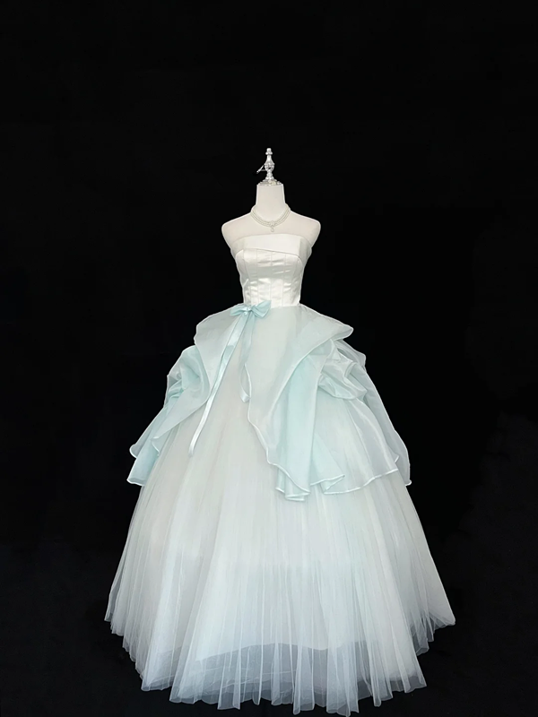 White strapless fitted waist, light green tulle skirt, long ball gown R9055