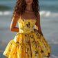 Retro Yellow Floral Tube Top Waist Puffy Skirt Homecoming Dress R3178