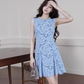 Blue heavy diamond crocheted hollow sleeveless Chanel style short dress R4077