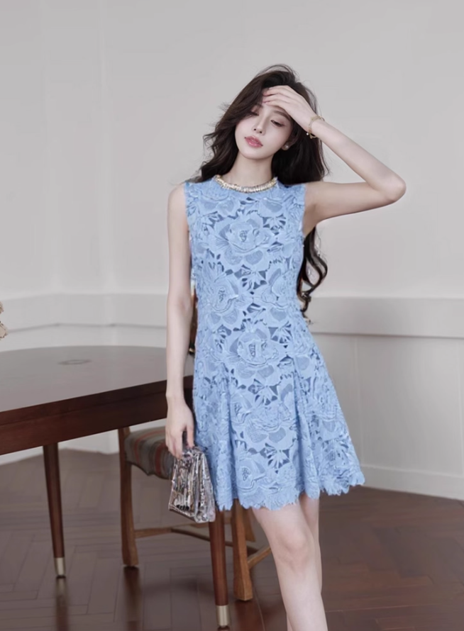 Blue heavy diamond crocheted hollow sleeveless Chanel style short dress R4077