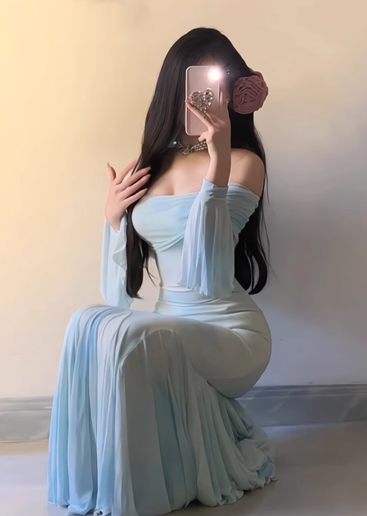 Large size French pure desire one-shoulder long-sleeved dress super fairy hip skirt R1860