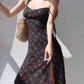 European and American cherry floral suspender dress sexy waist side slit long skirt R2808