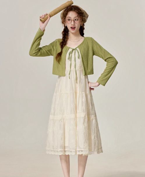 Temperament green cardigan with suspender dress small sun protection clothing R1930
