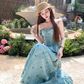 Blue long waist A-line suspender dress women's summer French temperament skirt R4870