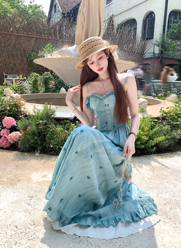 Blue long waist A-line suspender dress women's summer French temperament skirt R4870