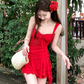 Beautiful red suspender dress sexy seaside holiday irregular short skirt R1477