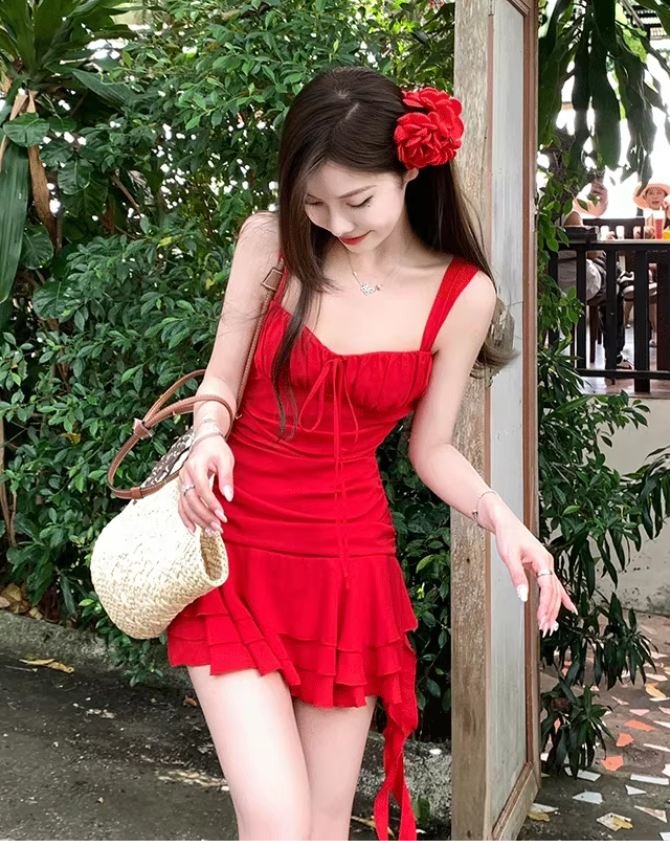 Beautiful red suspender dress sexy seaside holiday irregular short skirt R1477