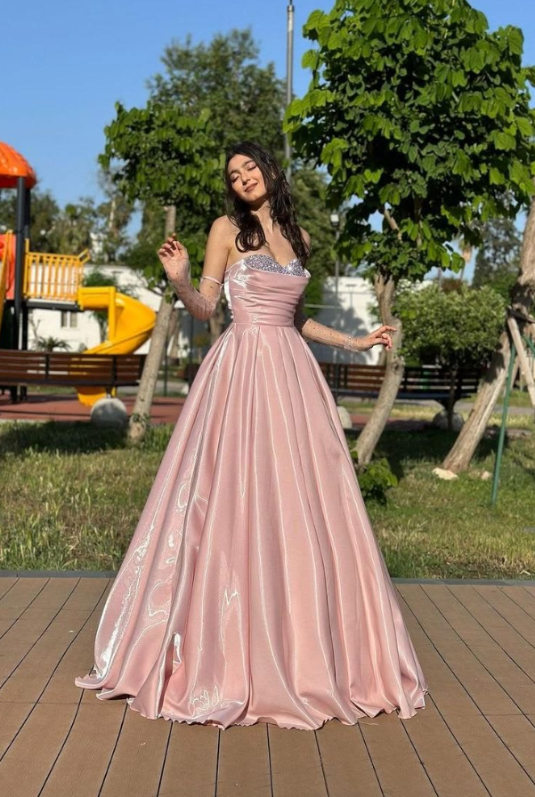 Girlish Silky Sweetheart Prom Gown Pink Women's Corset Maxi Birthday Dress Evening Dress RS2936