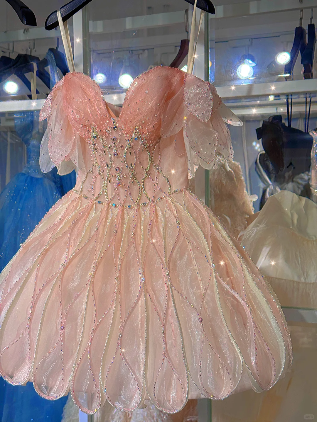 Pink suspenders, diamonds, waist-slimming, flower bud skirt, short skirt, homecoming dress R4170