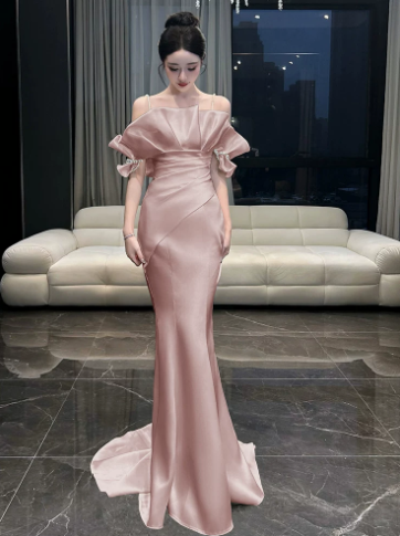 Cute Niche Blush Pink Beading Mermaid Strapless Corset Maxi Evening Dress Quinceanera Dress RS341