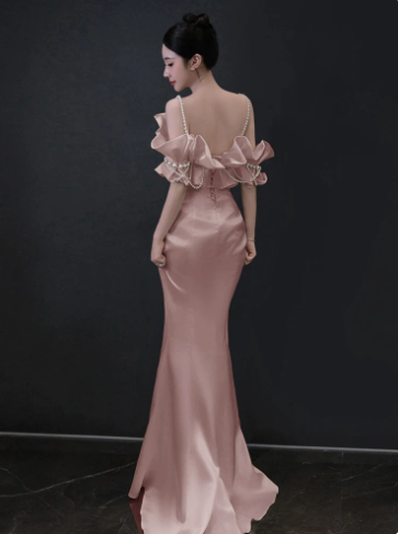 Cute Niche Blush Pink Beading Mermaid Strapless Corset Maxi Evening Dress Quinceanera Dress RS341