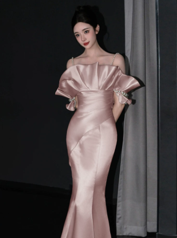 Cute Niche Blush Pink Beading Mermaid Strapless Corset Maxi Evening Dress Quinceanera Dress RS341