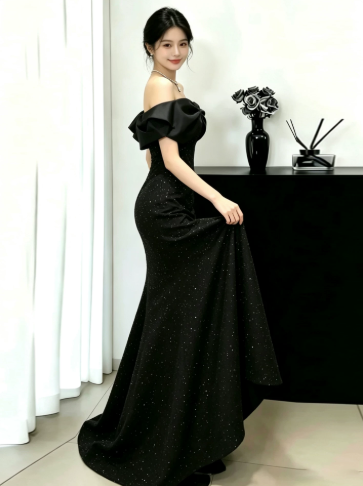 Elegant Black Sequin Mermaid Bow-Strapless Bodycon Maxi Evening Dress Prom Dress RS342
