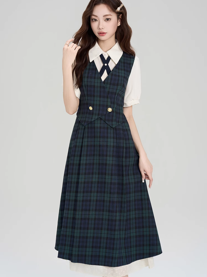 College style summer shirt splicing fake two-piece plaid dress R2395