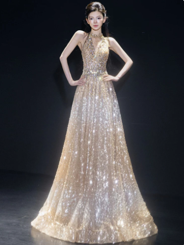 Elegant Sliver Sequin A-Line V-neck Bodycon Maxi Evening Dress Prom Dress RS343