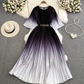 Light mature style celebrity temperament waist slimming A-line large swing printed pleated dress R0307