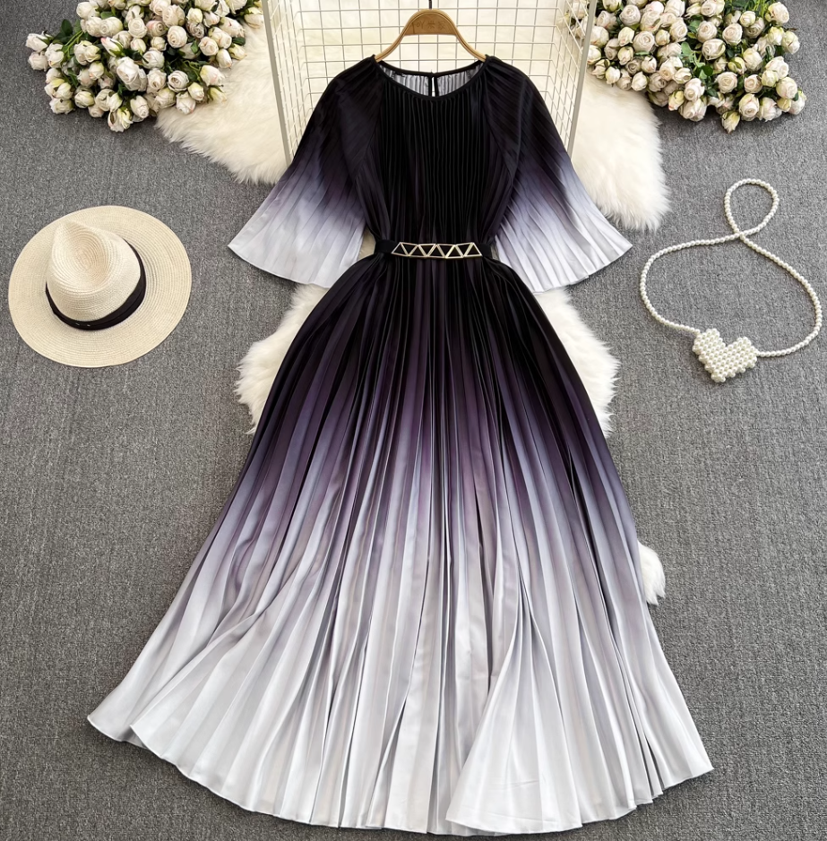 Light mature style celebrity temperament waist slimming A-line large swing printed pleated dress R0307