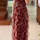 Retro red floral chiffon waist slim long skirt homecoming dress R3438