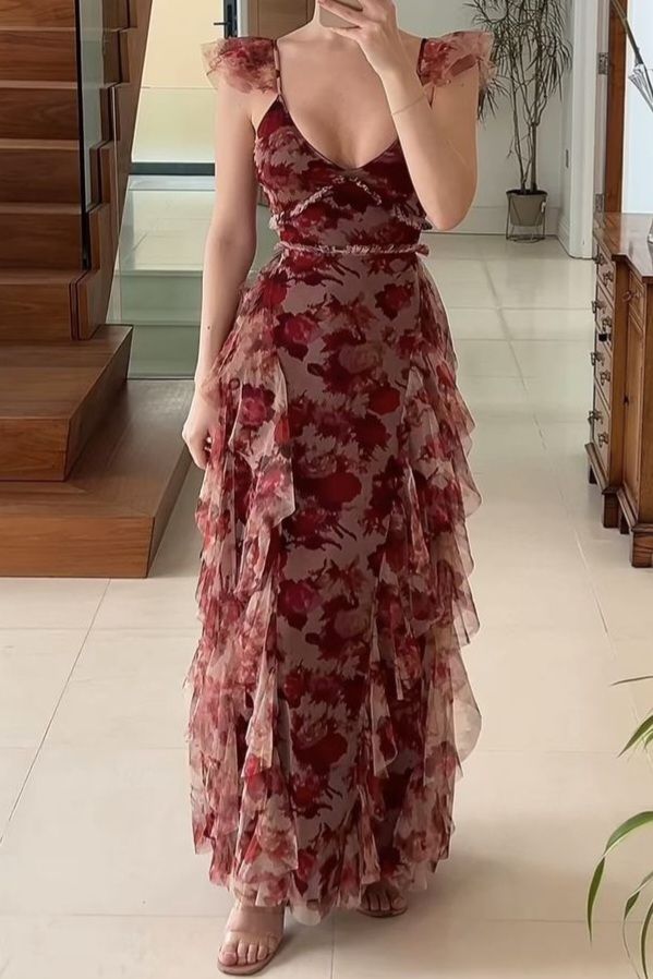 Retro red floral chiffon waist slim long skirt homecoming dress R3438