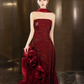 French Retro Burgundy Ruffled Mermaid Strapless Bodycon Maxi Evening Dress Prom Dress RS344