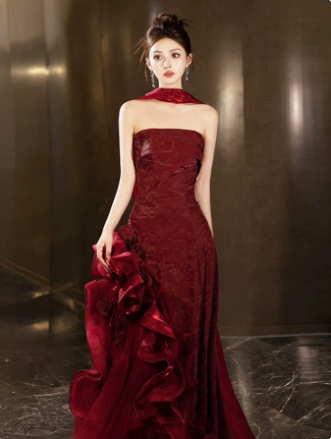 French Retro Burgundy Ruffled Mermaid Strapless Bodycon Maxi Evening Dress Prom Dress RS344