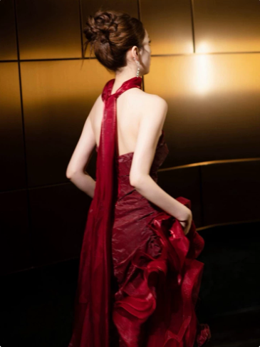 French Retro Burgundy Ruffled Mermaid Strapless Bodycon Maxi Evening Dress Prom Dress RS344