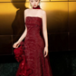 French Retro Burgundy Ruffled Mermaid Strapless Bodycon Maxi Evening Dress Prom Dress RS344