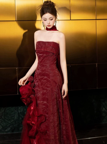 French Retro Burgundy Ruffled Mermaid Strapless Bodycon Maxi Evening Dress Prom Dress RS344
