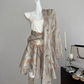 Long-sleeved V-neck puff sleeve chiffon yellow floral dress two-piece waisted short skirt R2106