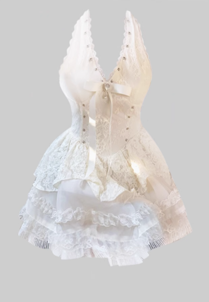 Pure desire style V-neck beaded halter dress 2025 lace waist tutu skirt R1392