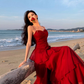 Fairy waist slimming big swing red dress holiday beach long dress tube top ruffled suspender skirt R1719