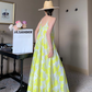 Cold style suspender dress women's printed backless travel beach dress holiday super fairy long dress R0182