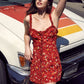 Red hem suspenders cute floral waist slim A-line short skirt homecoming dress R3295