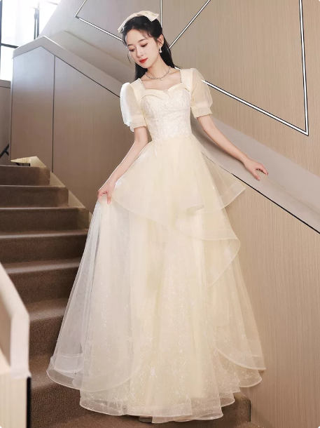 Elegant Ivory A-Line Square Sequin Corset Maxi Evening Dress Birthday Dress RS346