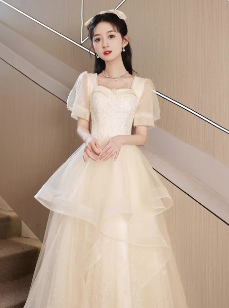 Elegant Ivory A-Line Square Sequin Corset Maxi Evening Dress Birthday Dress RS346