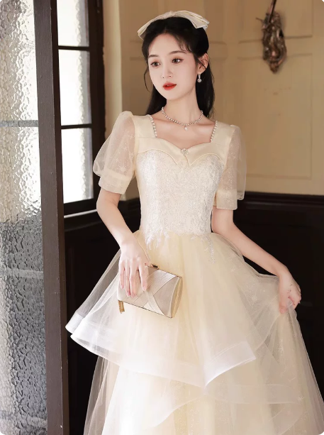 Elegant Ivory A-Line Square Sequin Corset Maxi Evening Dress Birthday Dress RS346