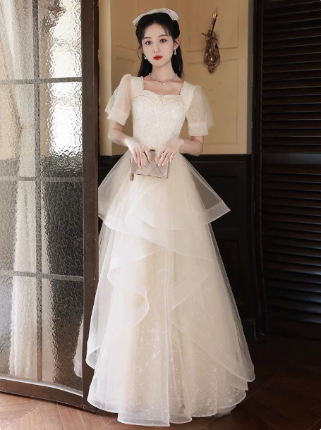 Elegant Ivory A-Line Square Sequin Corset Maxi Evening Dress Birthday Dress RS346
