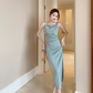 French retro slim silky satin swing collar sexy suspender dress holiday travel dress R1534