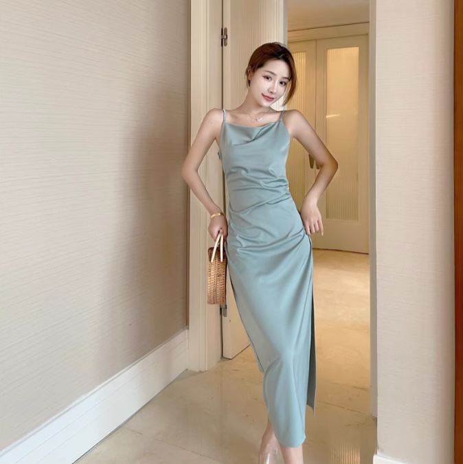 French retro slim silky satin swing collar sexy suspender dress holiday travel dress R1534