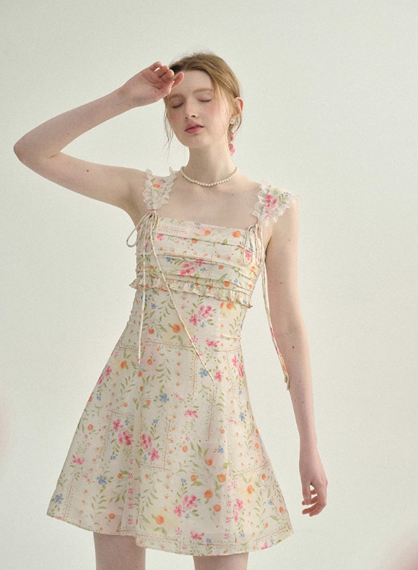 French seaside dress short skirt suspender skirt floral skirt R2759