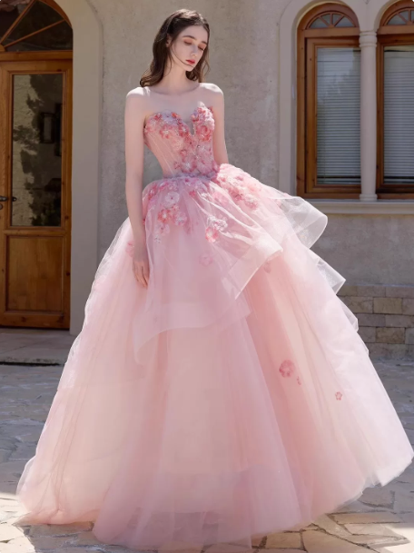 Sweet Pink Ball Gown Strapless Applique Corset Maxi Evening Dress Birthday Dress RS347