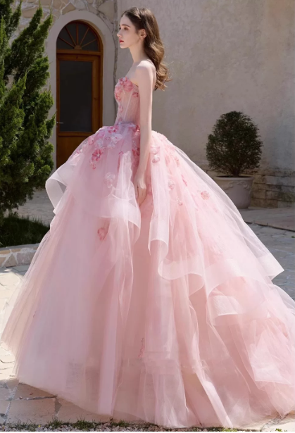 Sweet Pink Ball Gown Strapless Applique Corset Maxi Evening Dress Birthday Dress RS347