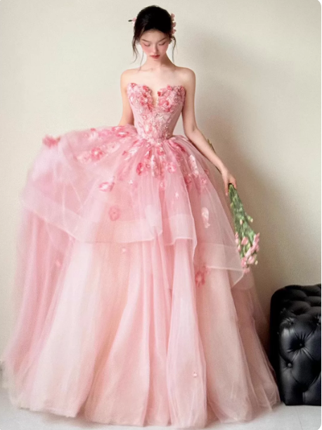 Sweet Pink Ball Gown Strapless Applique Corset Maxi Evening Dress Birthday Dress RS347