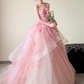 Sweet Pink Ball Gown Strapless Applique Corset Maxi Evening Dress Birthday Dress RS347