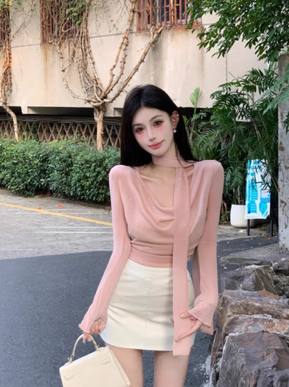 Pure desire style mesh fine flashing collar long-sleeved top 2025 hot girl hip skirt suit R1206