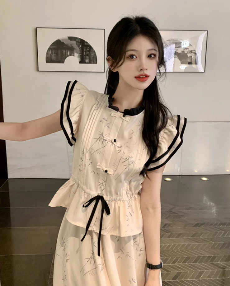 Fairy New Chinese Style Two-piece Suit Flying Sleeve Waist Shirt Skirt Chinese Style Suit R1723