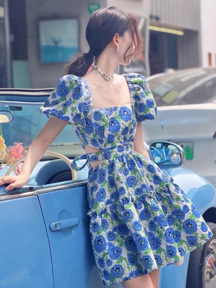 Vintage Blue Rose Puff Sleeve Waist Open Back Short Skirt Homecoming Dress R3441