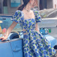 Vintage Blue Rose Puff Sleeve Waist Open Back Short Skirt Homecoming Dress R3441